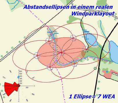 Bild einer topografischen Landkarte mit eingezeichneten Abstandsellipsen um die Positionen der Windräder