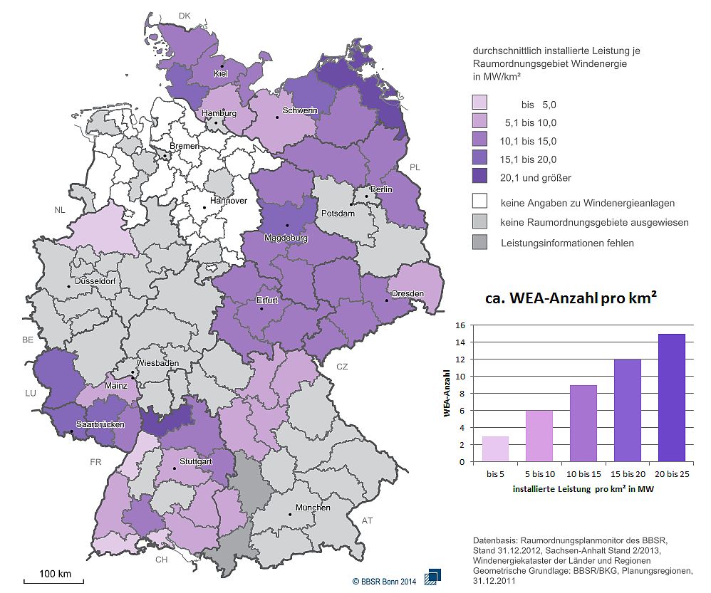 Deutschlandkarte mit Angabe der Leistungsdichte von Windkraftanlagen innerhalb von Windeignungsgebieten