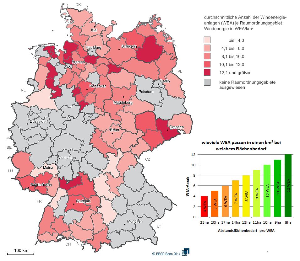 Deutschlandkarte mit Angabe der Anlagendichte von Windkraftanlagen innerhalb von Windeignungsgebieten
